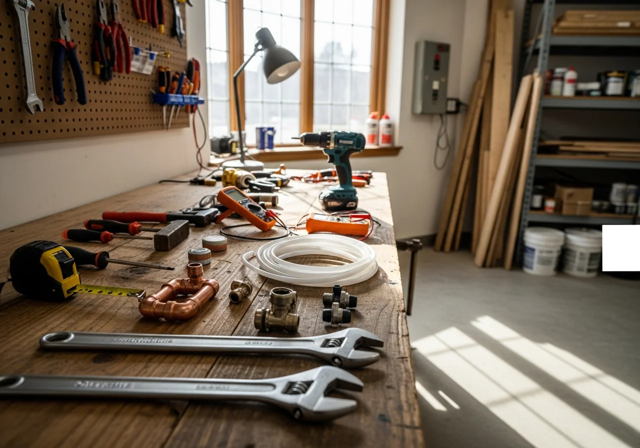 Handyman tools and equipment arranged on a workbench, ready for service calls.