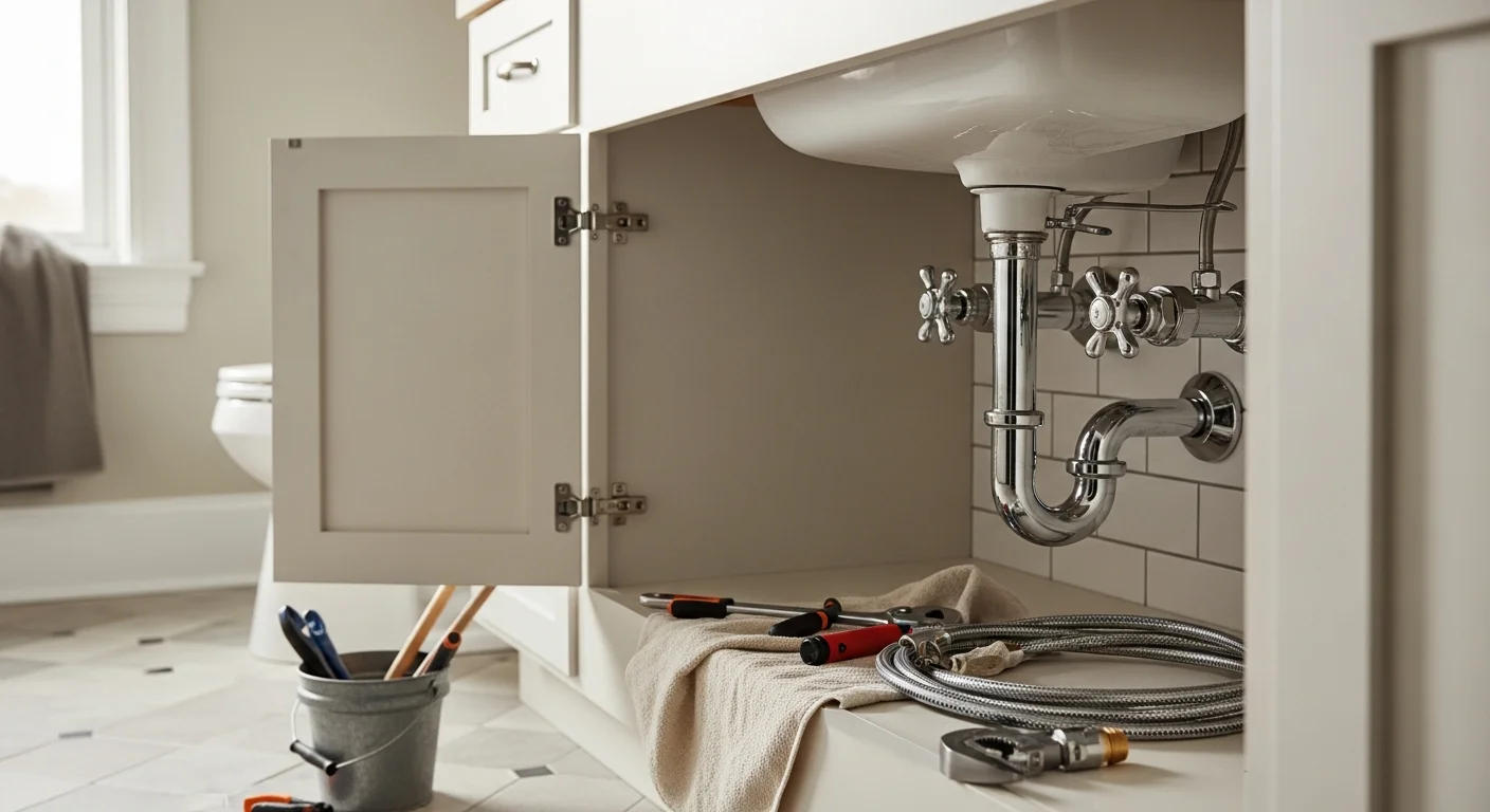 Plumber fixing pipes under kitchen sink