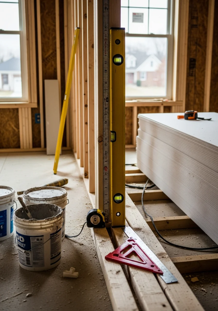 Contractor measuring and inspecting interior wall framing during a Blue Ash home renovation.