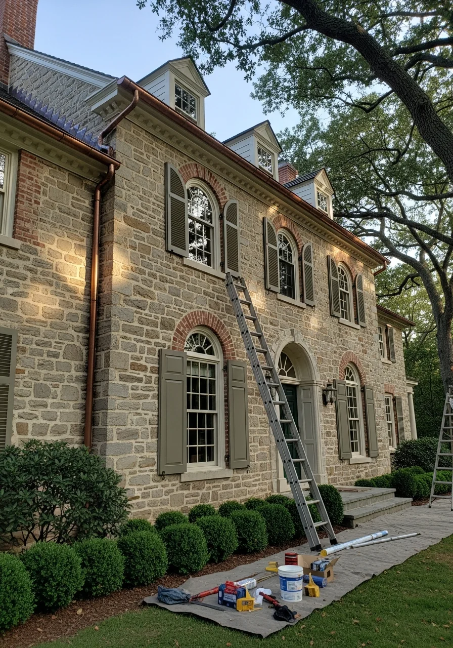 Skilled craftsman performing detailed exterior restoration work on a historic Indian Hill residence.