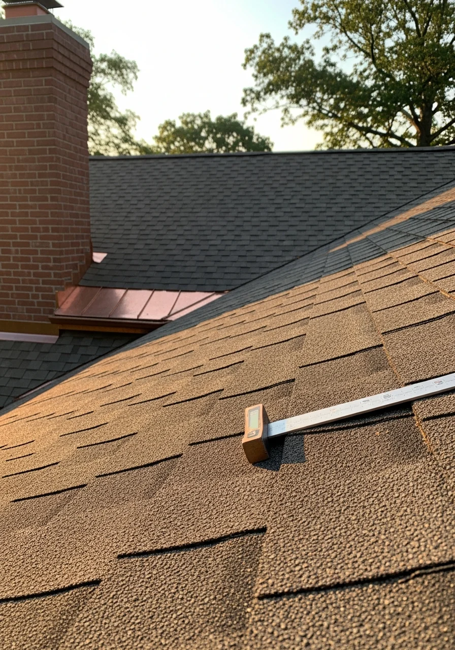 Close-up of professional contractor inspecting roof shingles on a Kenwood residential property.