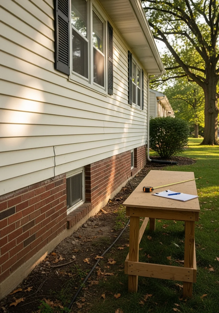 Contractor inspecting and measuring exterior wall damage on a Madeira home during a consultation.