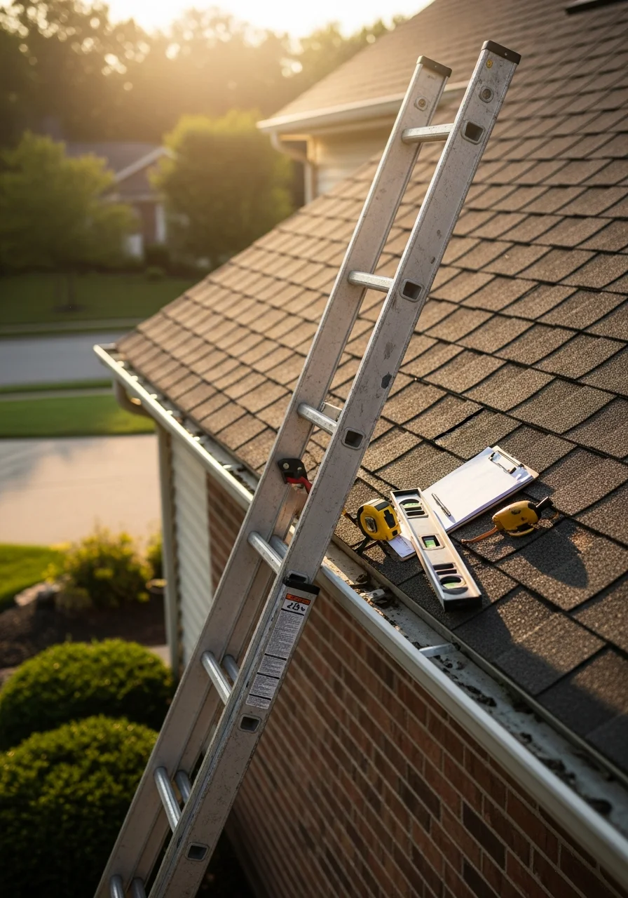 Contractor using professional tools to inspect and measure roofing on a Mason residential property.