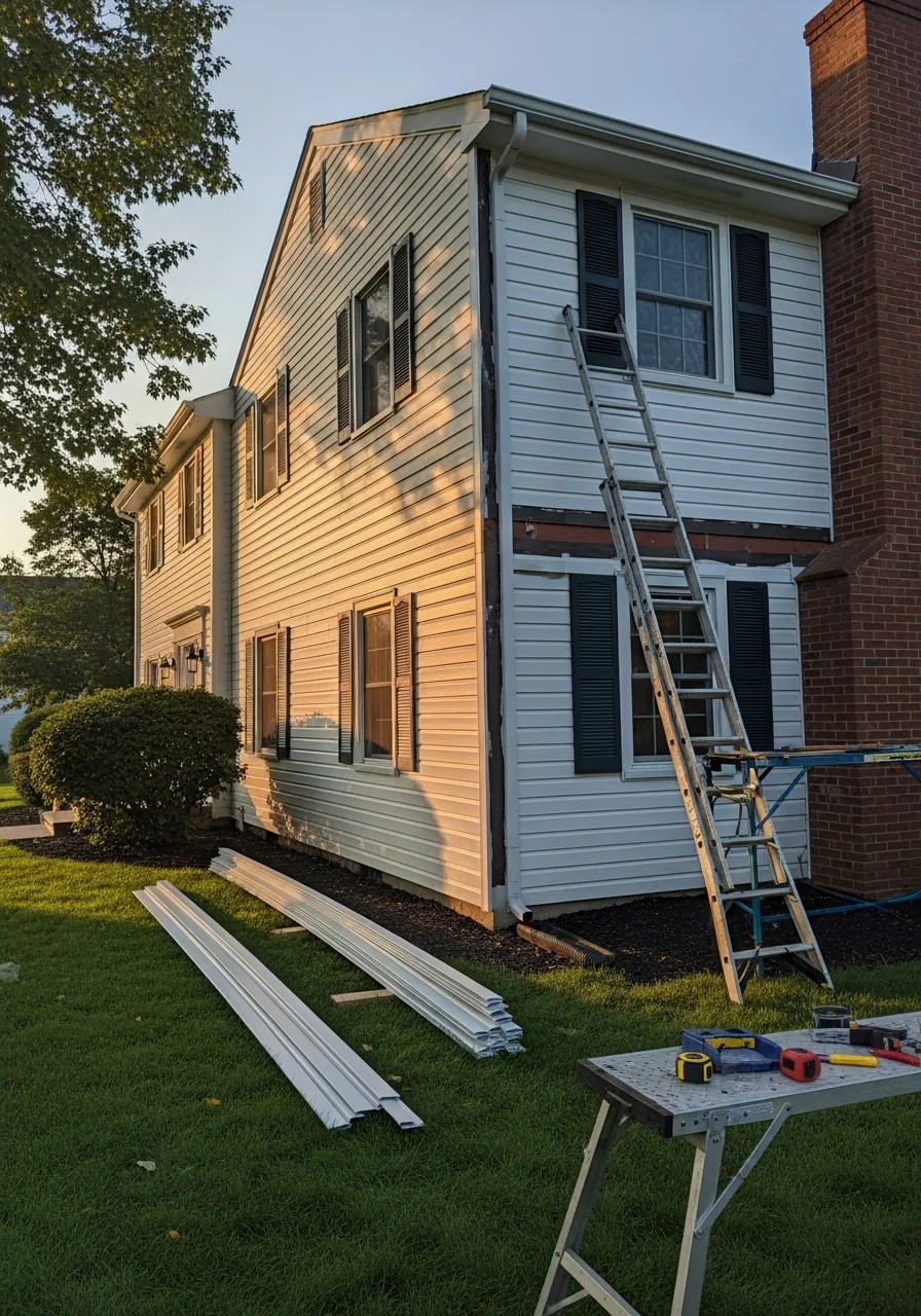 Two-person crew installing new siding on a Montgomery colonial-style home on a sunny afternoon.