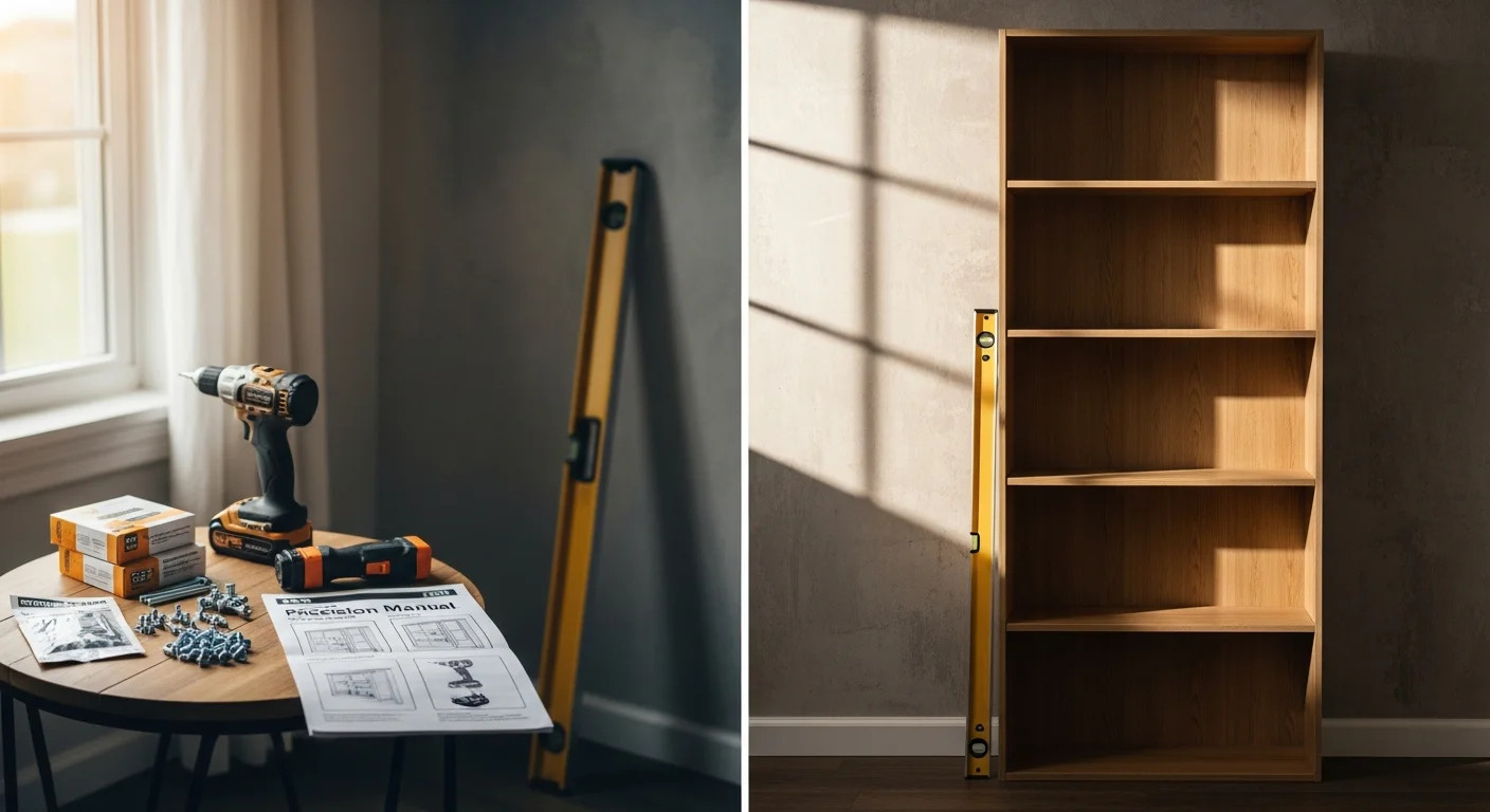 A fully assembled multi-shelf bookcase standing level against the wall of a Kenwood home office, with all panels aligned and hardware properly secured. The room reflects a typical split-level home interior common in the Kenwood area of Cincinnati.