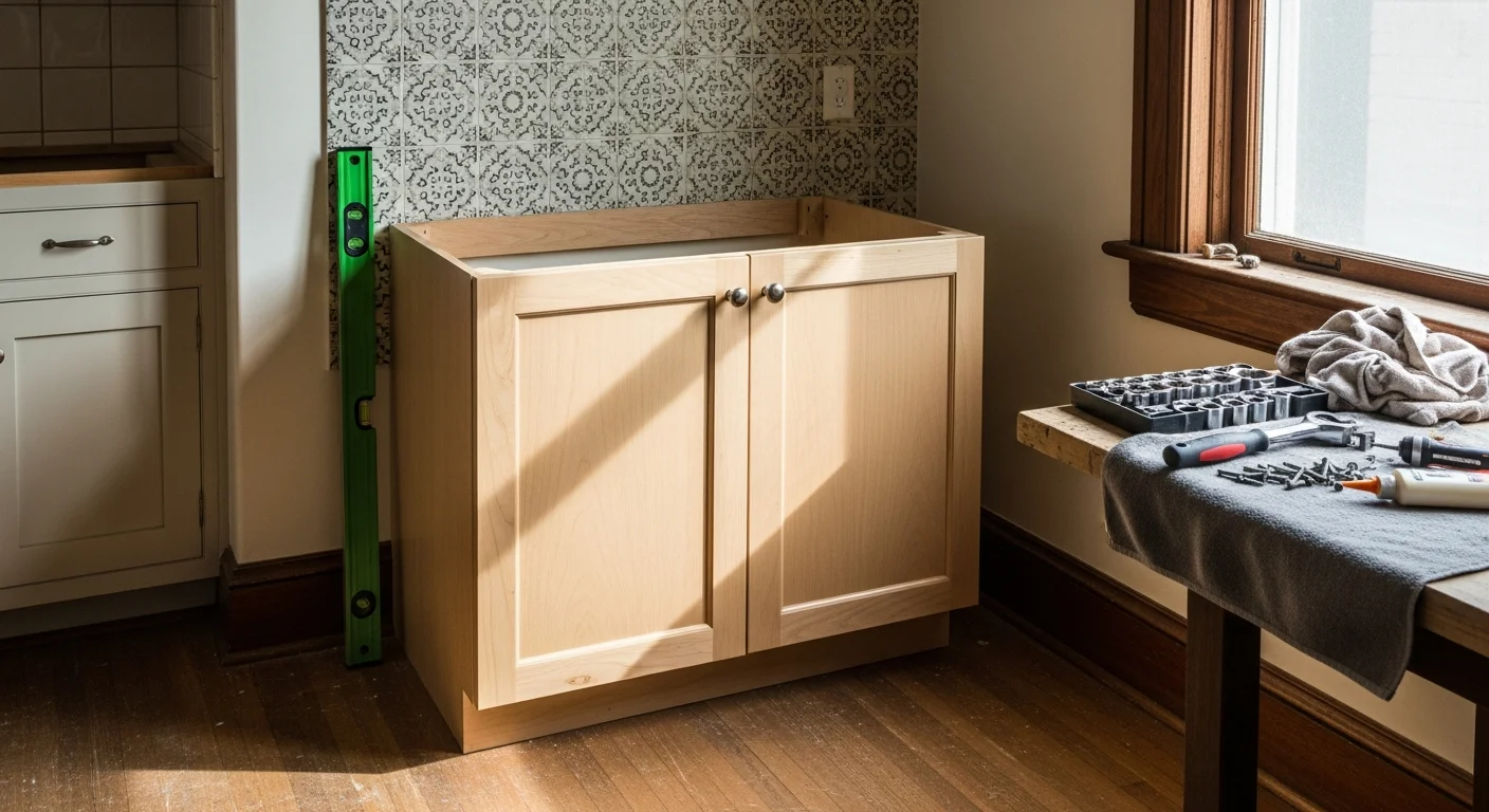 A fully assembled freestanding storage cabinet with aligned doors and level shelves inside a Kenwood home kitchen. The cabinet hardware is installed and the unit stands flush against the wall with no visible gaps.