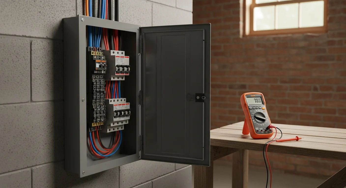 A licensed electrician from Magic Mike's installing a new dedicated circuit breaker inside a residential electrical panel in a Kenwood, Cincinnati home. The panel is open, showing neatly routed wiring and labeled breakers in a mid-century single-family house.