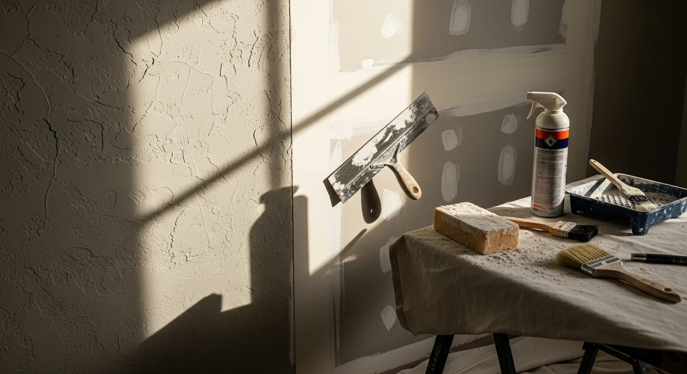 A freshly repaired and smoothly finished interior wall in a Kenwood apartment, showing a seamless patch blended into the surrounding painted drywall surface. A handyman's tools and a clean work area are visible in the foreground.