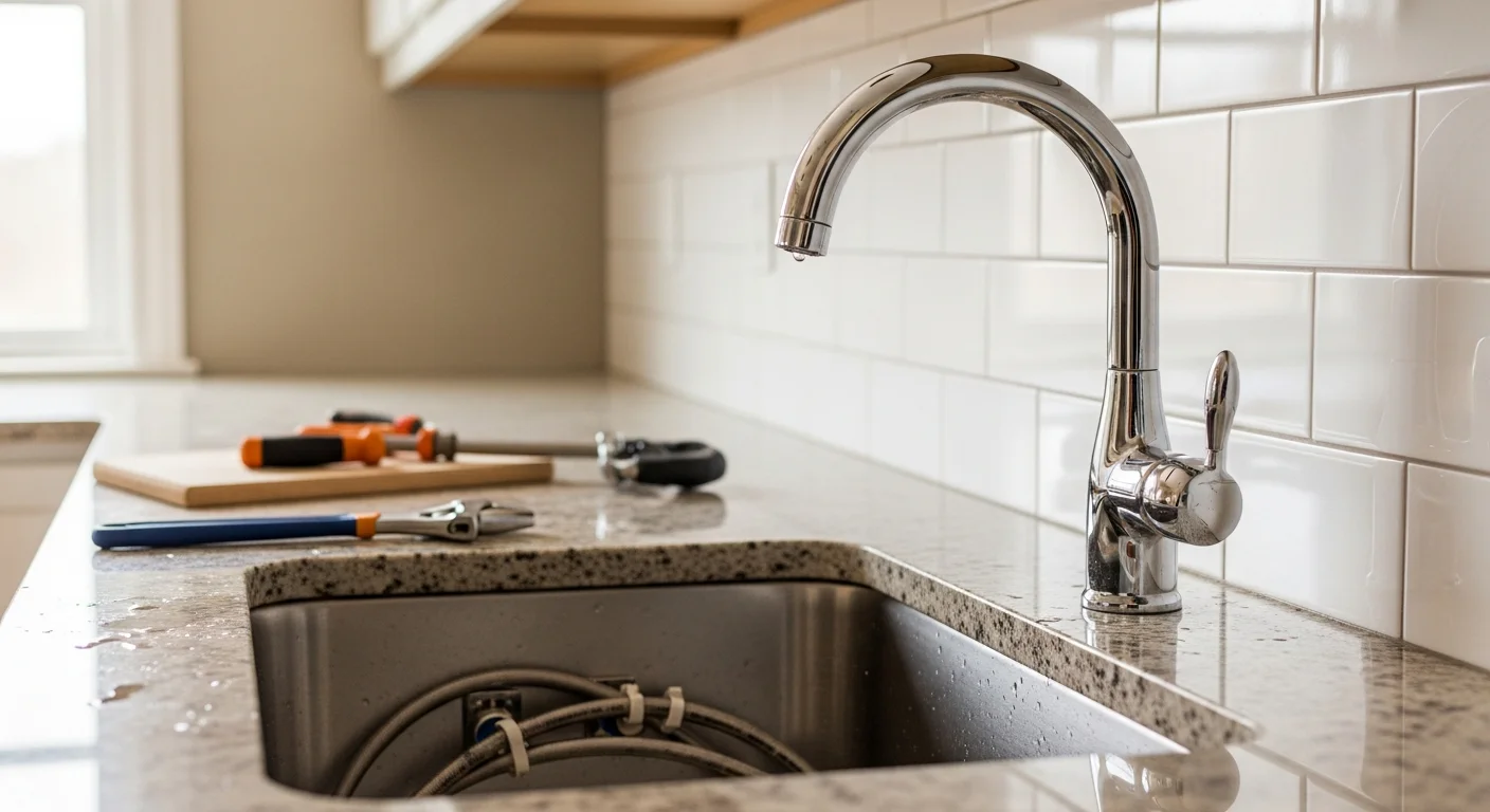 A newly installed kitchen faucet on a clean white sink in a Kenwood, Cincinnati home, with supply lines and shutoff valves visible beneath the cabinet in good condition.