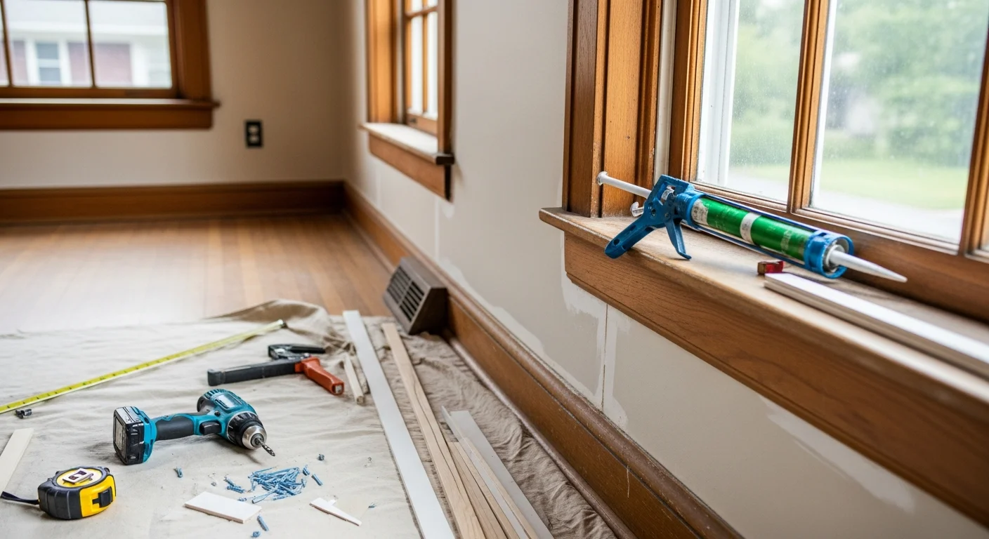 A handyman repairing a sticking interior door frame inside a midcentury ranch-style home in Kenwood. The work area shows clean trim lines and a freshly adjusted door hinge with basic hand tools on a drop cloth nearby.