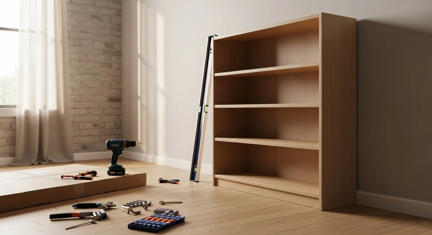 A fully assembled IKEA wardrobe and matching dresser standing level and secure in a bedroom inside a Kenwood, Cincinnati apartment. A Magic Mike's technician checks the wall anchor on the wardrobe while flat-pack boxes are stacked neatly in the corner.