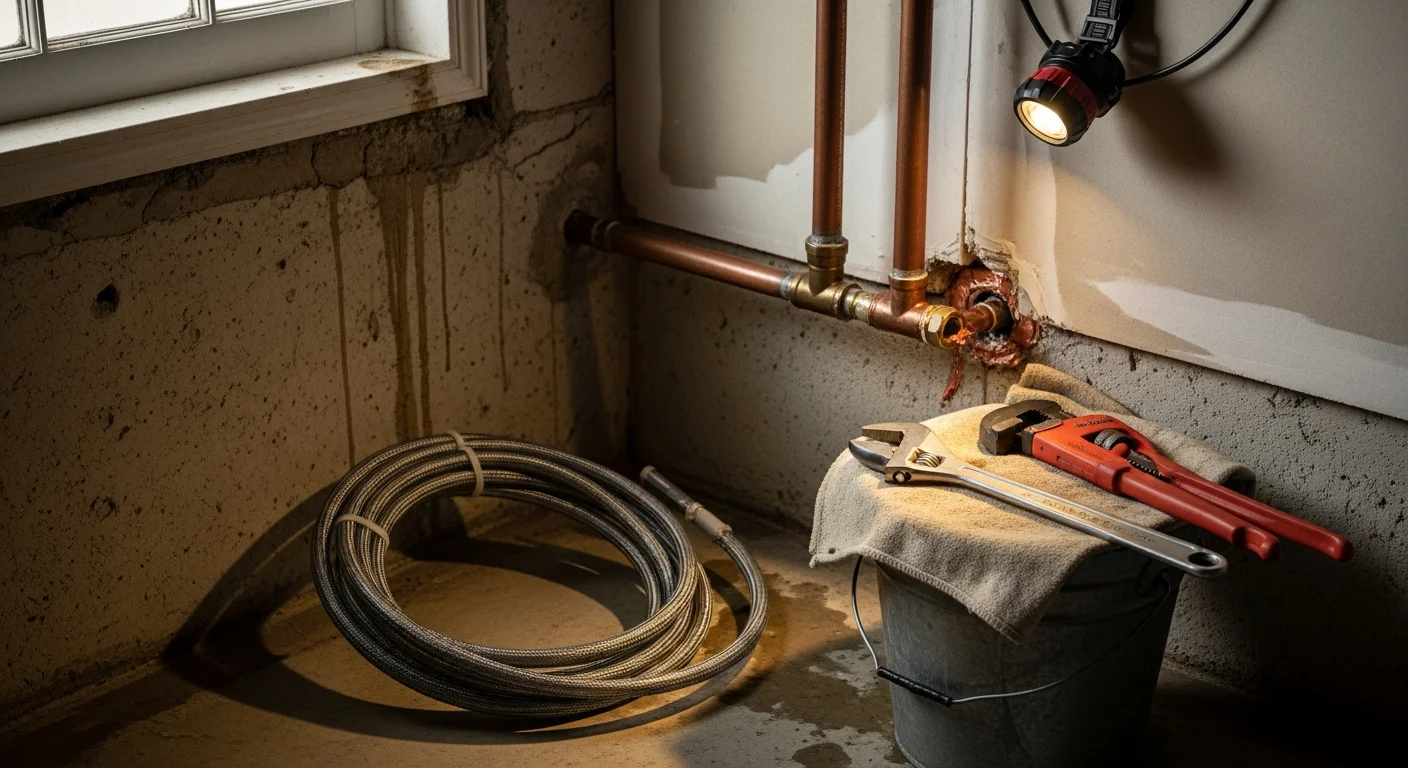 A Magic Mike's plumber repairing a leaking pipe under a bathroom sink inside an older single-family home in Kenwood. The work area is exposed and dry towels are placed on the cabinet floor during the repair.