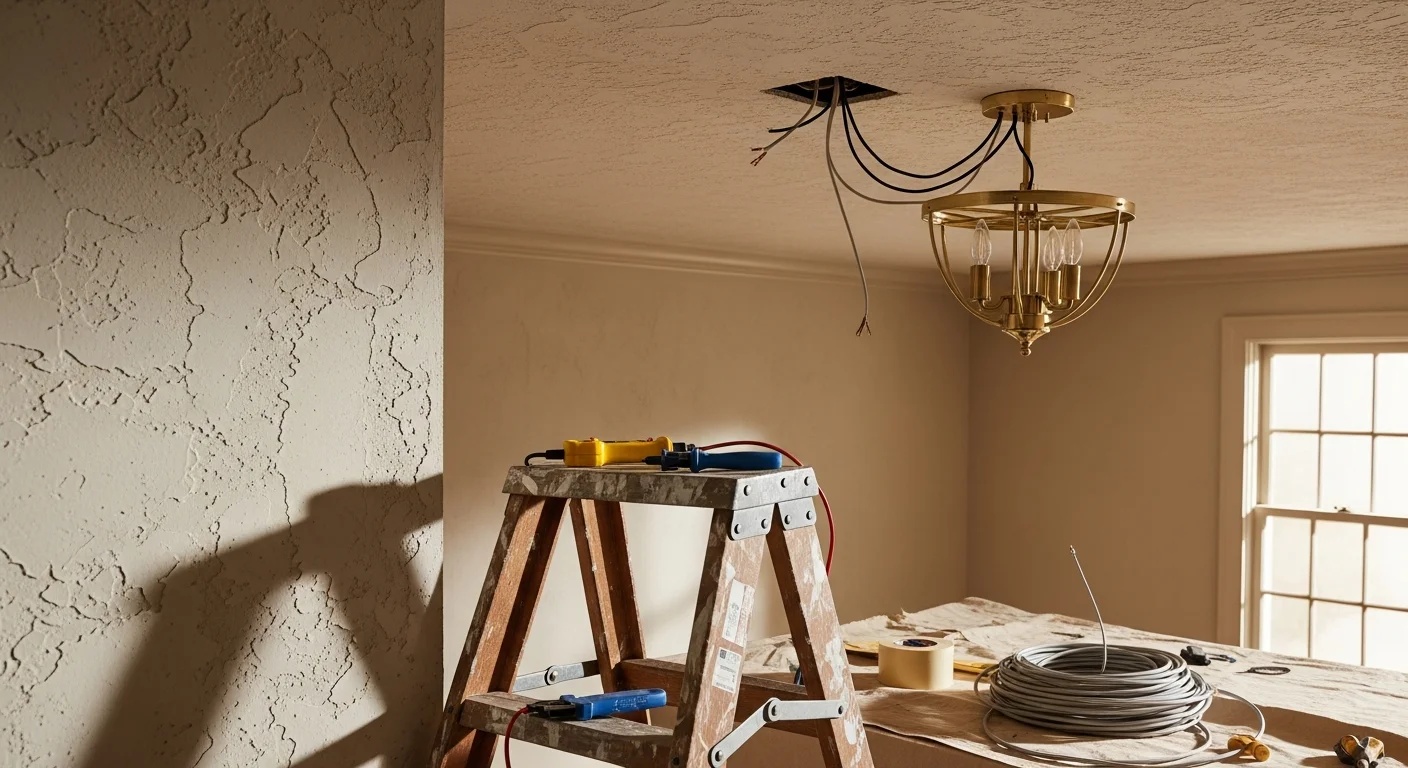 A licensed electrician from Magic Mike's installing a ceiling light fixture in a Kenwood, Cincinnati home. The electrician is wiring a new fixture into an existing junction box in a mid-century ranch-style home.