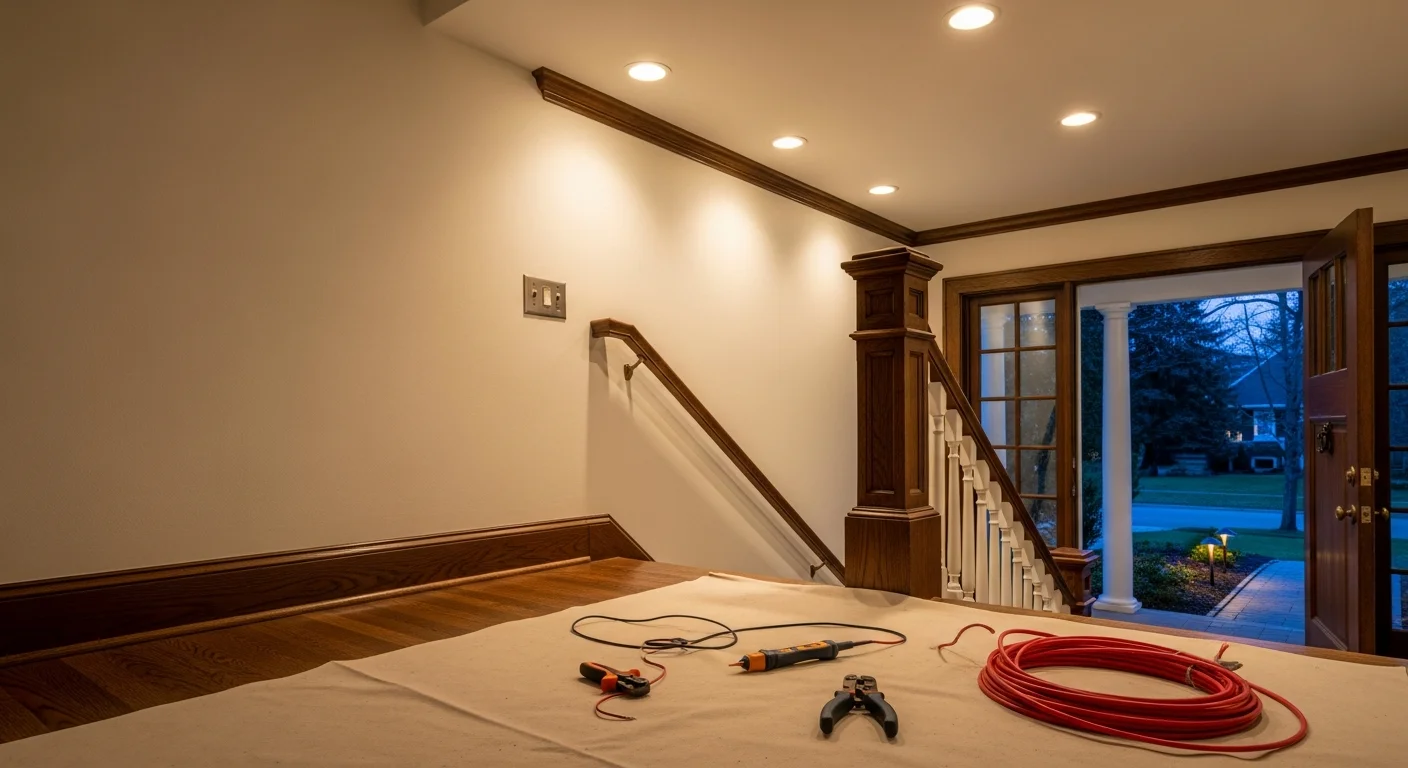 A licensed electrician from Magic Mike's installing recessed lighting in the living room of a ranch-style home in Kenwood. The finished ceiling shows evenly spaced fixtures with clean trim against a painted drywall surface.