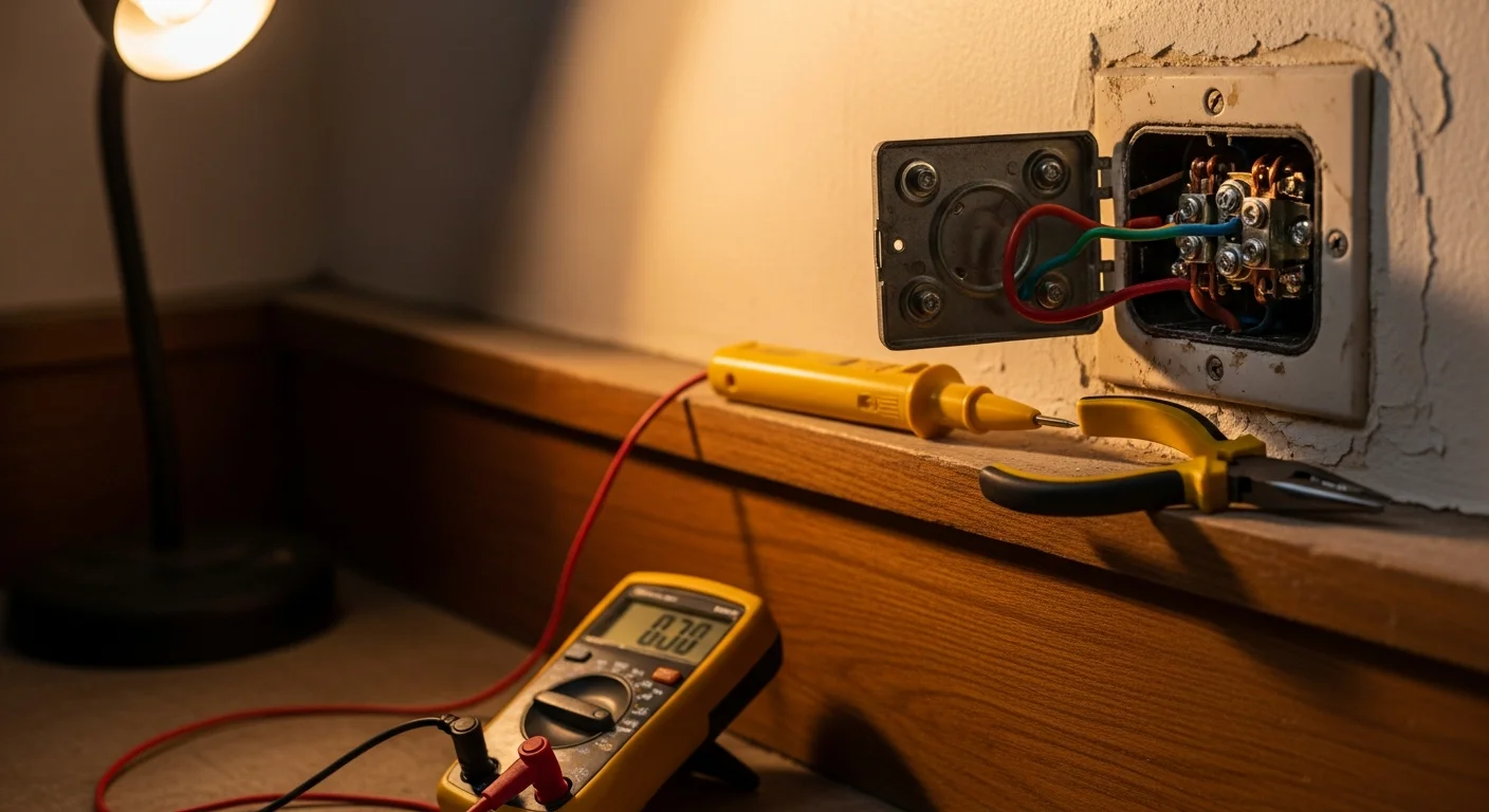 A licensed electrician from Magic Mike's replacing a faulty electrical outlet in a Kenwood home, with the receptacle removed from the wall box and wiring visible for inspection.