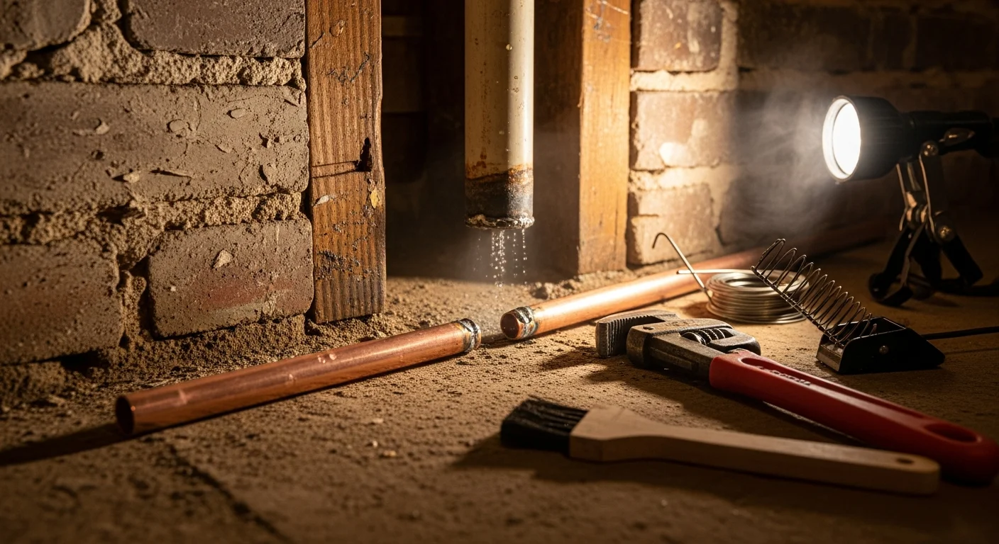 A Magic Mike's plumber repairing a corroded pipe section inside the wall of a historic Kenwood home. The repaired pipe joint is visible with new fittings installed and the surrounding area kept clean.