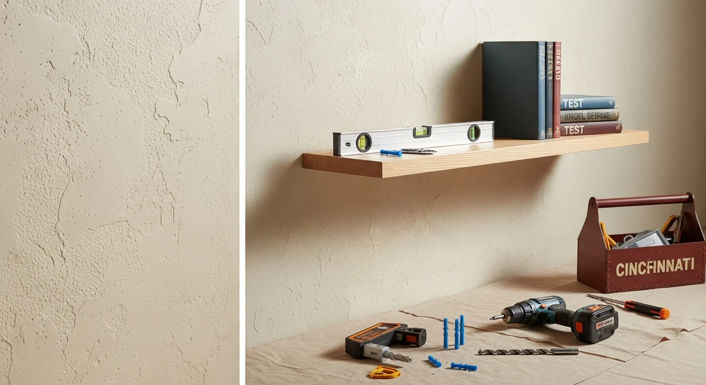 A handyman from Magic Mike's mounting a set of level floating shelves on a plaster wall inside a historic Kenwood single-family home. Finished shelves are straight, cleanly installed, and ready for use.