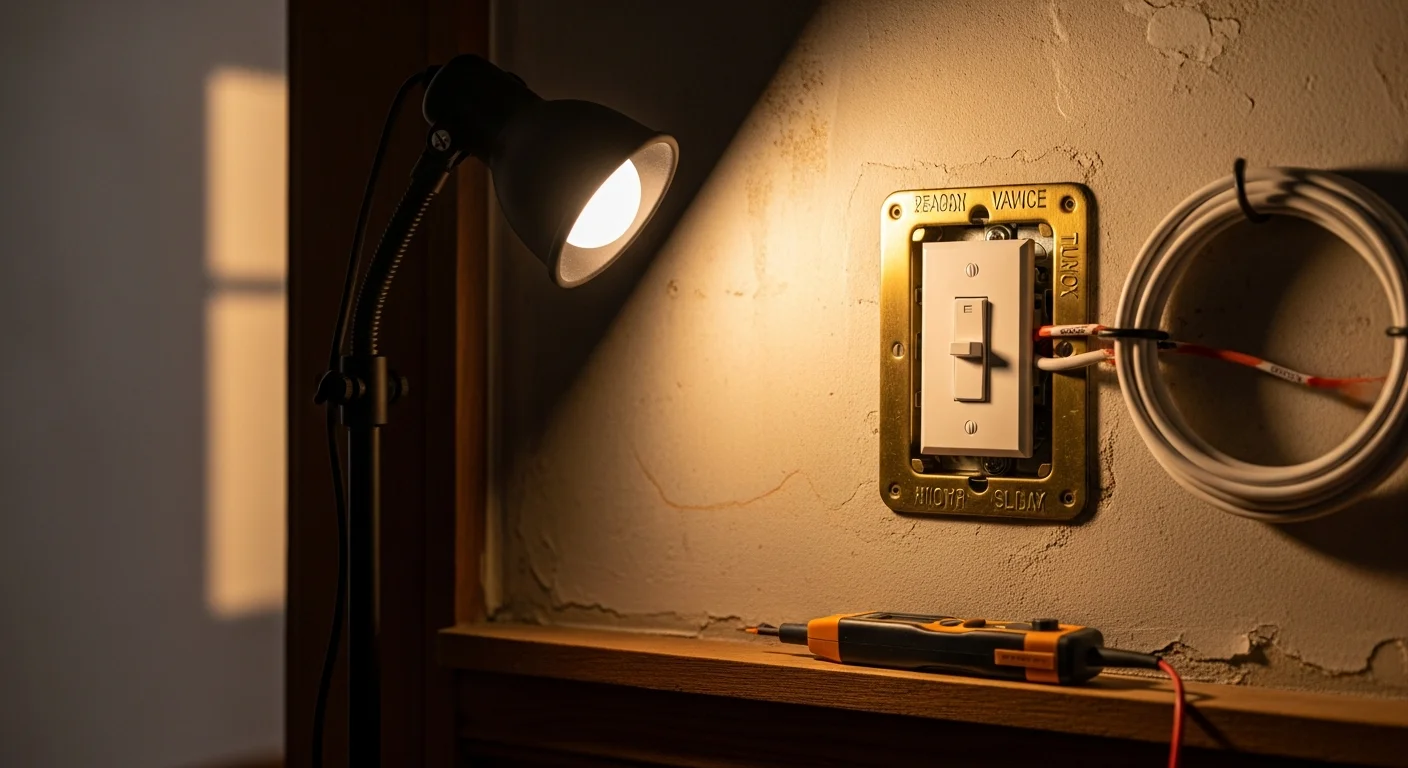 A licensed electrician from Magic Mike's installing a new wall switch in a Kenwood home, with the switch box open and wiring visible. The finished switch plate is mounted flush against a painted interior wall in a residential room.
