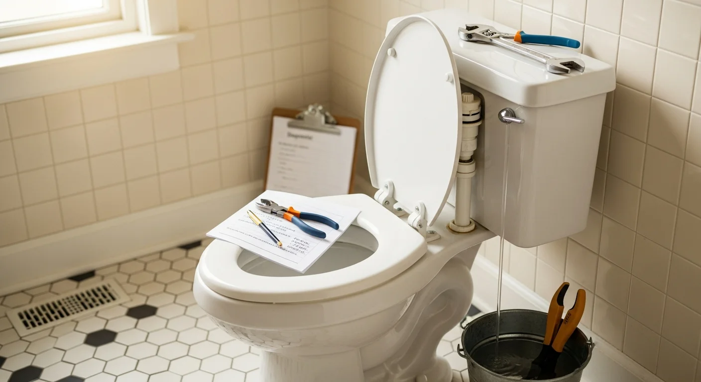 A plumber repairing the internal tank components of a toilet inside a bathroom of an older Kenwood home. Tools and replacement parts are visible on the floor beside the toilet.